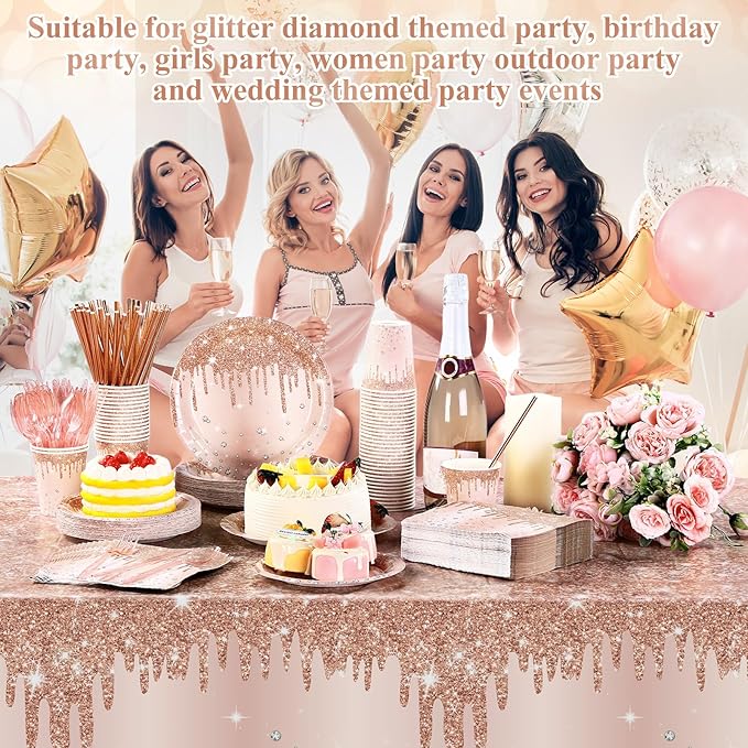Funnymoom 452 Pcs Rose Gold Party Supplies Birthday Decorations Include Glitter Rose Gold Paper Plates and Napkins Cups Tablecloth Cutlery Straws Disposable Tableware Set for Women Birthday