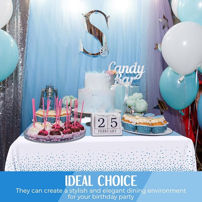 Tudomro 12 Pcs White and Light Blue Disposable Plastic Tablecloths and Satin Table Runner Set 54x108 Inch Tablecloth 12x108 Inch Table Runners for New Year Wedding Birthday Baby Shower Graduation