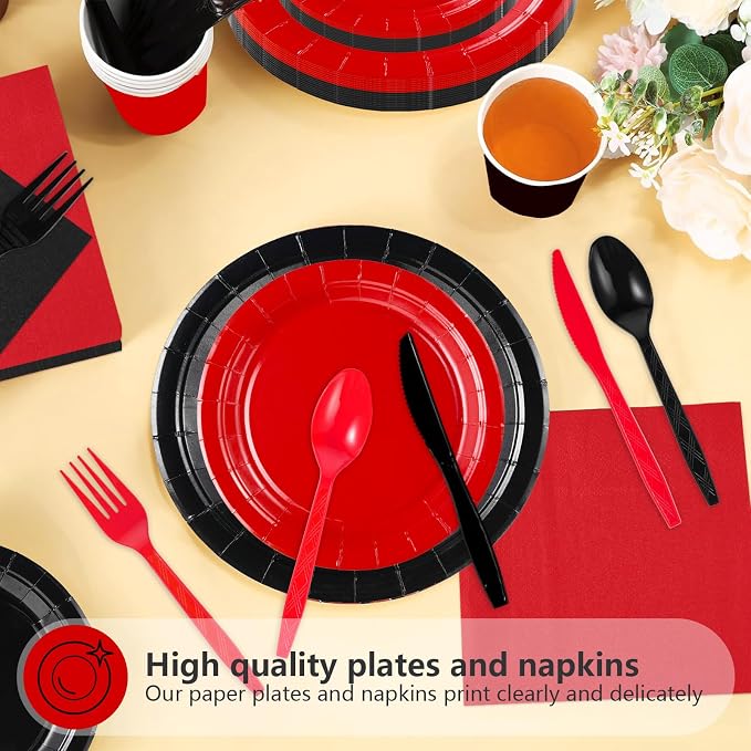 168 Pcs Red and Black Party Decorations Black and Red Plates Napkins Cups Forks Disposable Stranger Tableware Set for Congrats Fiesta Holiday Wedding Birthday Party Supplies Serves 24