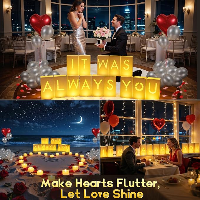 Lewondr IT WAS ALWAYS YOU Light Up Letters with 30pcs 6H Tea Lights Candles & Balloon & 2000 Rose Petals, Luminary Bags Engagement Party Decorations & Anniversary Decorations Ideal Gift for Men&Women