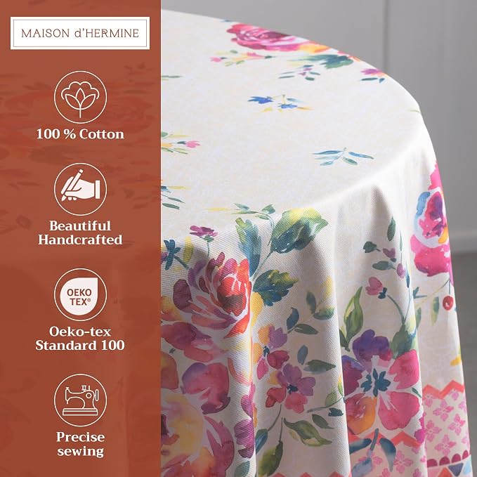 Maison d' Hermine Table Cloth Round Table 100% Cotton 69 Round Inches Tablecloth Reusable Decorative for Dining Kitchen Room Farmhouse Party Home Hotel Restaurant Spring Summer - Rose Garden