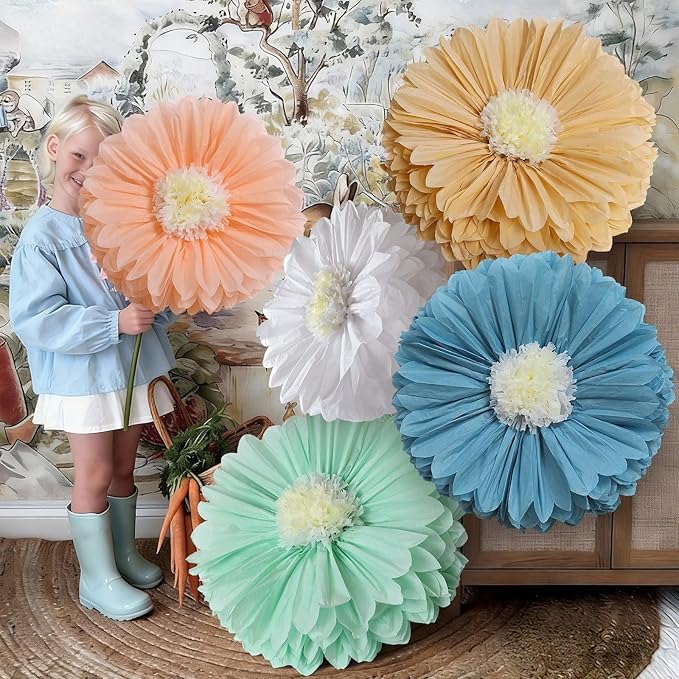 Chunful 5 Pcs 30'' 24'' Gaint Boho Style Tissue Paper Flowers Decoration Large Hanging Tissue Paper Pom Poms Decor for Easter Birthday Bachelorette Wedding Baby Shower Bridal Shower Party Decoration