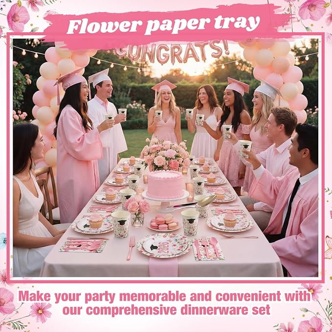 400 Pcs Class of 2026 Pink Floral Graduation Decoration for 50, Pink Gold Flower Graduation Paper Plates Napkins Cups Cutlery Congrats Grad Party Supply for Freshly Graduated Decoration