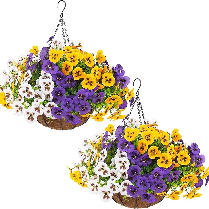 lovemoon 2 Sets Artificial Hanging Pansy Flowers with Baskets, 24 Pcs UV Resistant Faux Silk Pansy Outdoor Hanging Flower for Porch Patio Garden Home Spring Decor (2, White,Yellow,Purple)