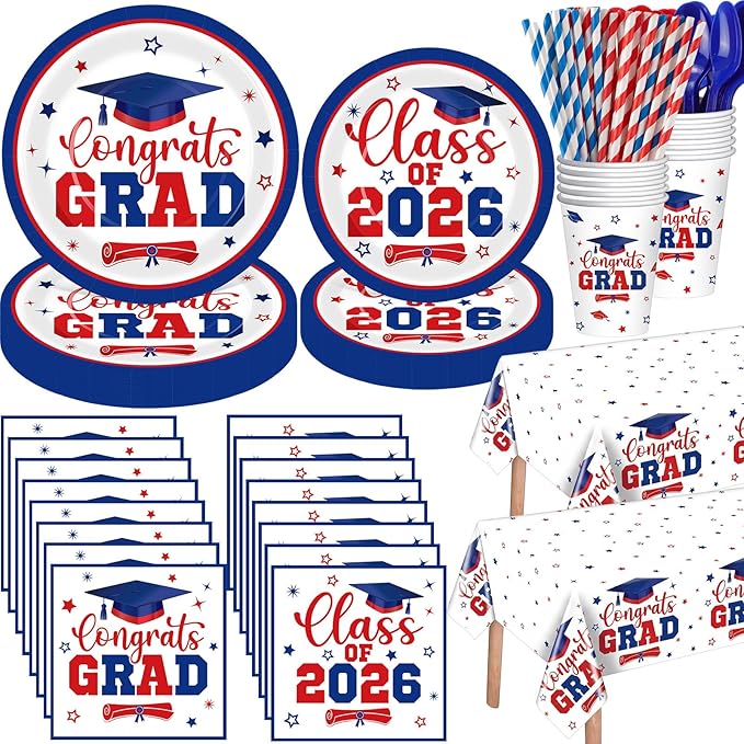 Funnymoom 452 Pcs Class of 2026 Red White Blue Graduation Party Decoration for 50, Red Blue Graduation Paper Plates Napkins Cups Tablecloth Cutlery Straw for College School Congrats Grad Party Supply