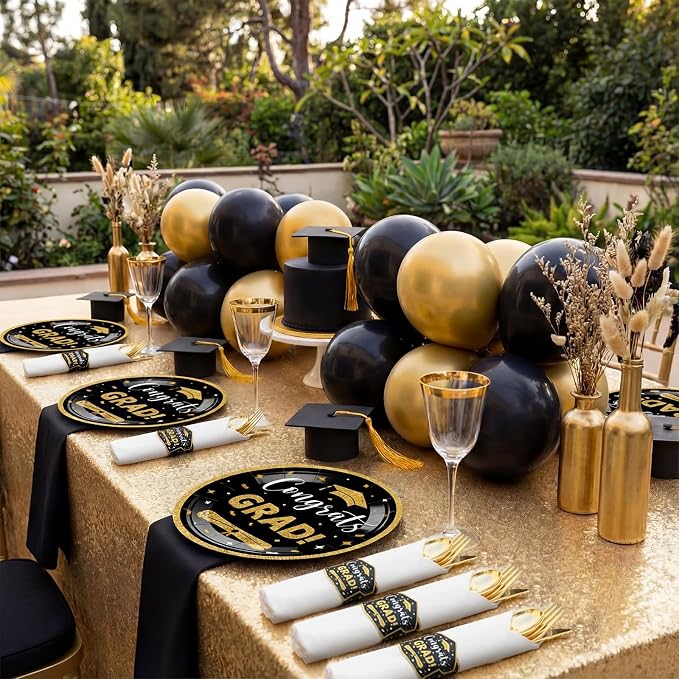 Meanplan 50 Sets 2026 Graduation Party Supplies Tableware Set Gold Pre Rolled Silverware for 50 Guests Class of 2026 Disposable Dinnerware for College High School Congrats Graduation Party Favors