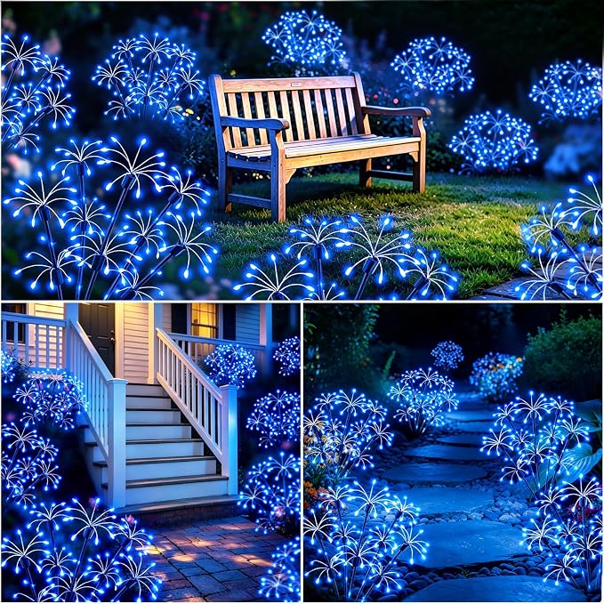 Solar Garden Lights Outdoor, 4 Pack 2-Layer Blue Solar Firework Lights, Waterproof Starburst Fairy Light Garden Decor for Yard Patio Pathway Lawn, Unique Gifts for Women Mom Grandma Mother's Day