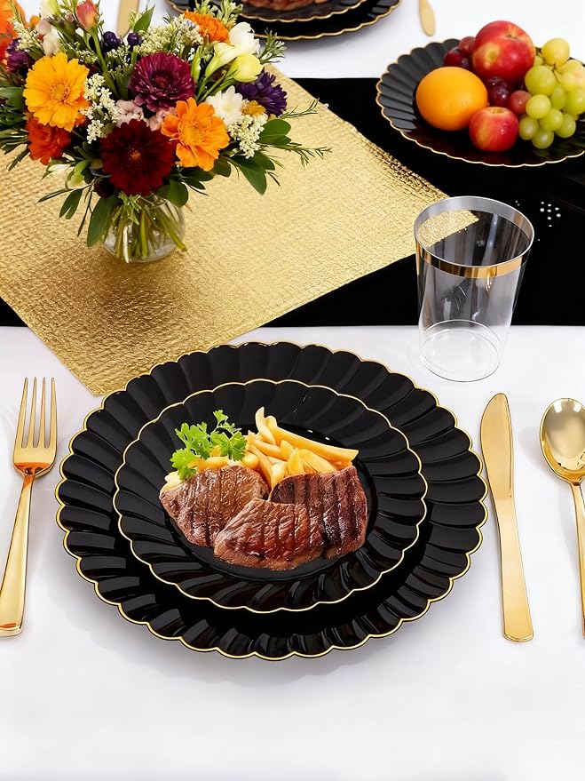 YOUBET 60PCS Black Scalloped Plastic Plates - Black and Gold Disposable Plates include 30 Gold Dinner Plate, 30 Dessert Plate for Party & Wedding