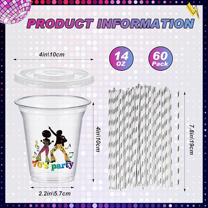 Qinyoung 60 Sets 14oz Disco Ball Plastic Cups with Lids and Straws, Bulk Party Supplies for 70s Theme, Bachelorette, Wedding, Bridal Shower, Birthday, Iced Coffee and Cocktail Glasses