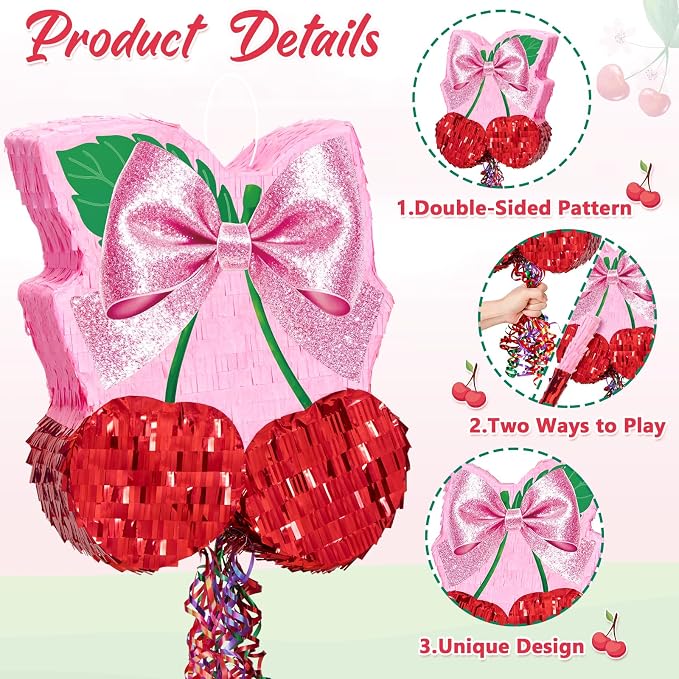 WERNNSAI Cherry Piñata - Pink Bow Party Decorations Cherry Bow piñata with Blindfold and Stick for Girls Coquette Birthday Decorations Princess Bridal Shower Bachelorette Wedding Supplies