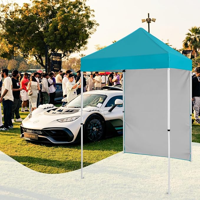 5x5 Pop Up Canopy Tent with One Sidewall, Instant Portable Beach Canopy, Outdoor Tent with Carry Bag for Camping, Sports, Tailgating, Events, Turquoise