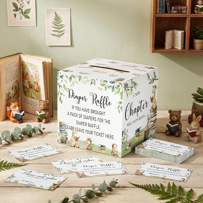 Teling 51 Pieces Diaper Raffle Tickets with Card Box Baby Shower Decorations Gender Reveal Holder Box for Girl Boy Diaper Raffle Party(A New Chapter Will Soon Begin,Storybook)