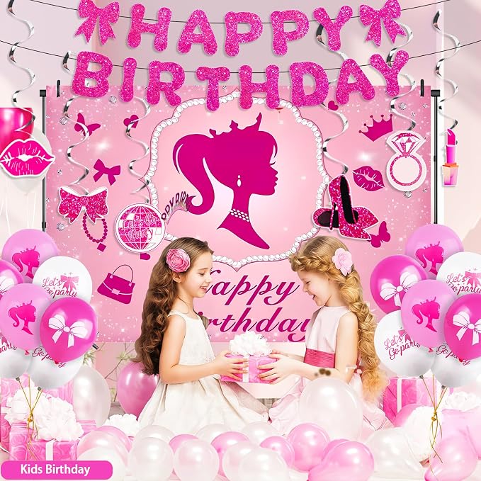 Hot Pink Birthday Party Decorations Supplies, Pink Glitter Happy Birthday Banner, Backdrop, Balloons, Hanging Swirls, Sash, Headband, Cake & Cupcake Toppers for Kids Girls and Women