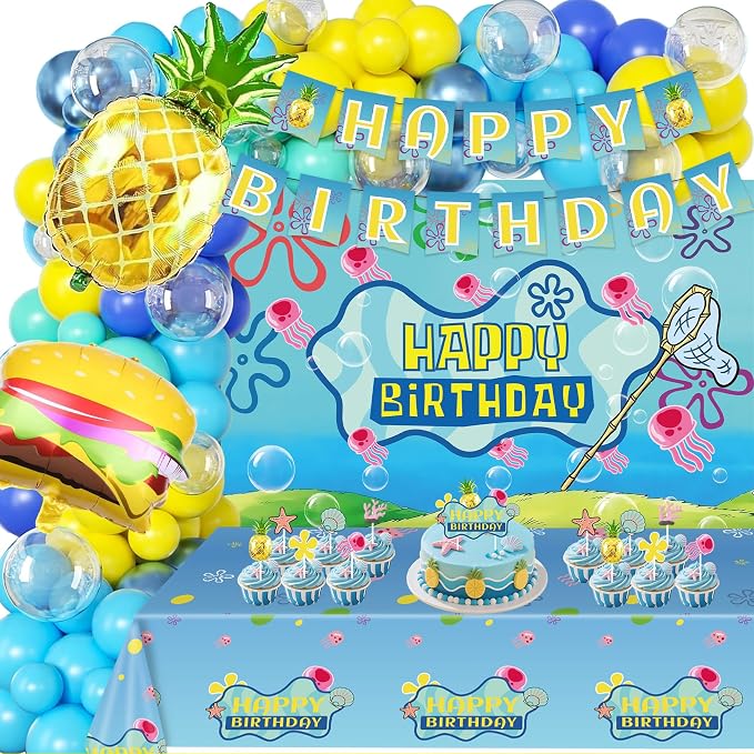 Yellow Happy Birthday Party Decorations Set-Ocean Cartoon Theme Set Including Balloons, Backdrop, Banner, Tablecloth, Hanging Swirls, Cake Cupcake Toppers Birthday Party Decor Supplies for Boys girl