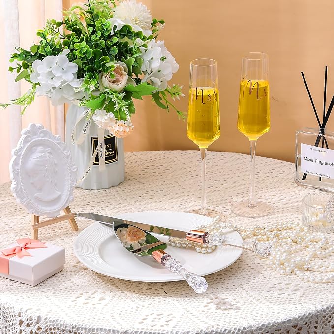 Boao 4 Pieces Wedding Toasting Flutes and Cake Server Set Wedding Reception Supplies Champagne Glasses Cake Knife Pie Server (Rose Gold,Classic)