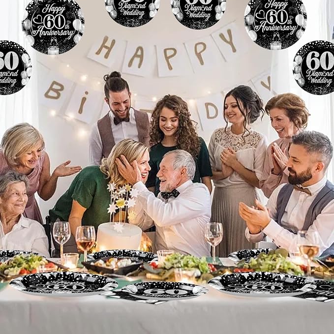 96Pcs Anniversary Decorations 60th Wedding Anniversary Party Plates Disposable Black Silver 60th Matrimony Celebration Paper Tableware Set for Women Men 60 Years of Love Party, Serves 24