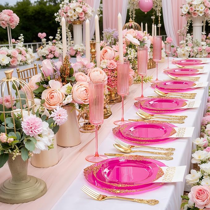 102PCS Clear Hot Pink Plastic Plates - Pink Disposable Plate with Gold Rim - Hot Pink Party Plates Include 51PCS 7.5inch Dessert & 10.25inch Dinner Plate for Wedding Birthday Party Mother’s Day
