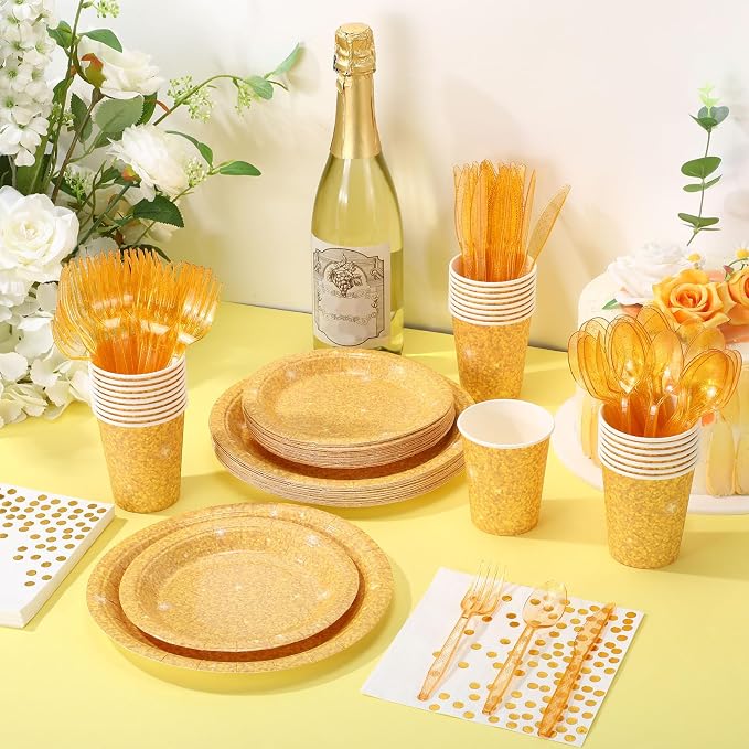 Hushee 175 Pcs 25 Guests Gold Paper Party Plates and Cups Napkins Sets Holographic Glitter Disposable Dinnerware Plastic Forks Knives Spoons Birthday Bachelorette Wedding Party Supplies