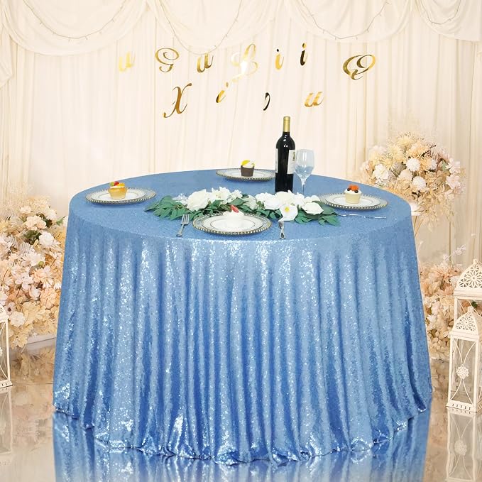 Eternal Beauty Baby Blue Tablecloth, 120 Inch Round Sequin Tablecloth for Party Cake Dessert Table Exhibition Events
