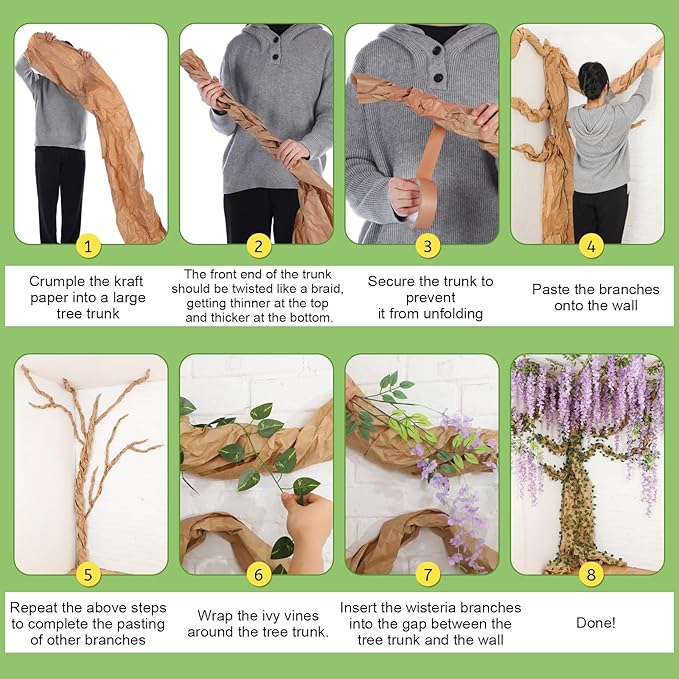 XunYee 3D Wisteria Tree Wall Decor for Room Classroom Ceiling Artificial Wisteria Hanging Flowers DIY Cardboard Paper Tree with Green Vine Kraft Paper Fairy Bulletin Board Decorations(Purple)