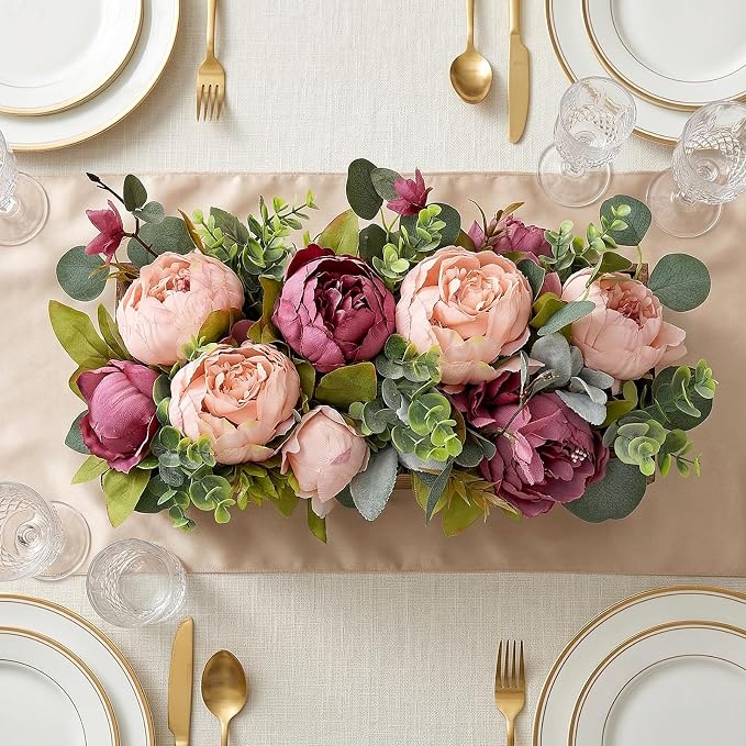 Pre-Made Flower Table Centerpieces for Dining Room Wedding Artificial Peony Table Decorations Wood Tray with Fake Flowers for Living Room Party Bar Kitchen Table(Dusty Mauve & Blush Pink)