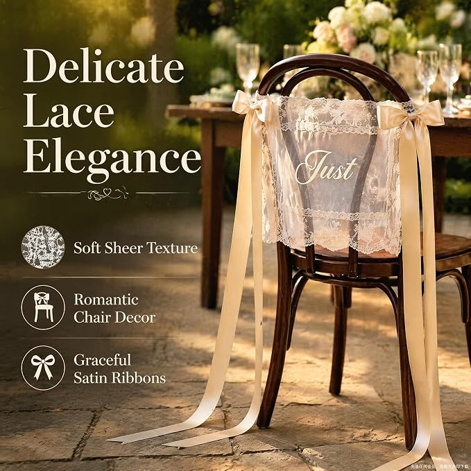 Just Married Wedding Chair Signs for Bride and Groom, Sheer Lace Back Banners with Champagne Ribbon, 2 Piece Set, 17.72 x 13.78 Inch