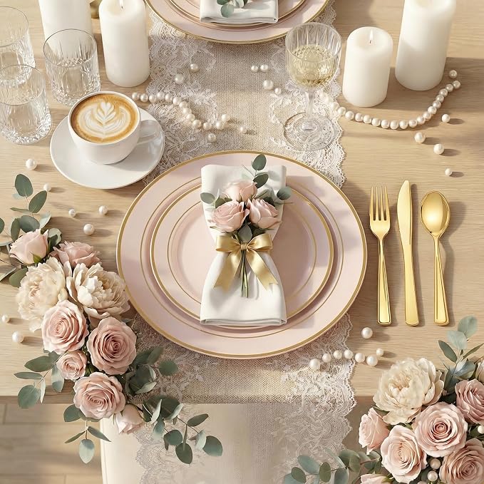WDF Partyware 175PCS Pink plastic Plates - Pink Disposable Plates 25Guests Disposable Dinnerware Sets with Rolled Napkins for Wedding/Birthday/Baby Shower