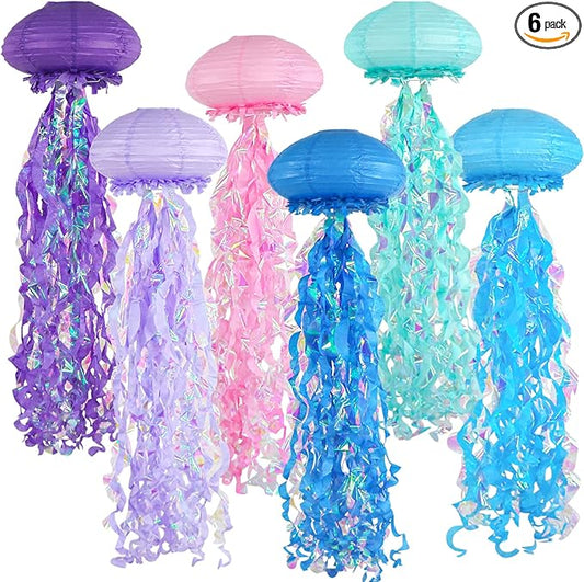 6-Pack Jellyfish Paper Lanterns, Blue Purple Pink Under The Sea Party Decorations, Mermaid Birthday Decorations, Ocean Themed Baby Shower, 10" Jellyfish Lamp for Classroom Decor Pool Party