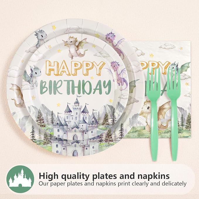 96Pcs Dragon 1st Birthday Party Decorations A Little Dragon is Turning One Plates and Napkins Cartoon Dinosaur Baby Shower Theme Tableware Sets for Kids 1st Birthday Party Supplies Serves 24