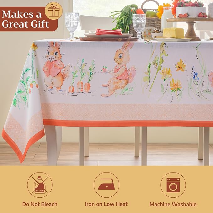 Maison d' Hermine Table Cloth Rectangle Table 100% Cotton 60 x 90 Inches Tablecloth Reusable Decorative for Dining Kitchen Room Farmhouse Party Home Hotel Restaurant Spring Summer - Bunny Party