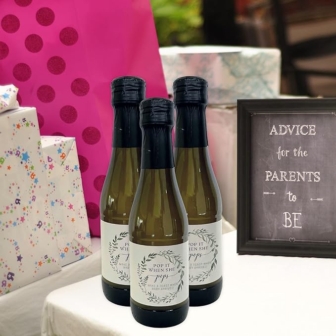 Pop It When She Pops Mini Bottle Stickers | 12 Count | 2”x 3” Size | Mini Bottle Labels | Baby Shower Party Favors | White with Greenery Wreath Design