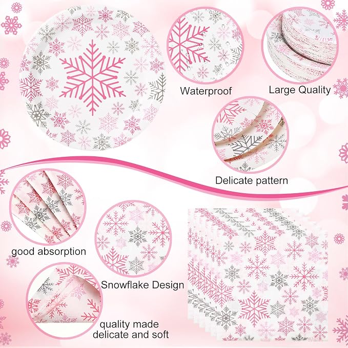 Funnymoom 452 Pcs Pink Snowflake Party Supplies Serves 50, Pink Snowflake Paper Plates Napkins Cups Tablecloth Cutlery Straws for Christmas Winter, Baby Shower Wonderland Birthday Party Decorations