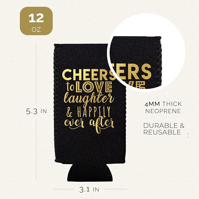 Wedding Can Cooler Decorations Set of 12 - Cheers to Love Laughter and Happily Ever After, Wedding Rehearsal Dinner Decorations - Bridal Showers, Engagement Party Favors for Guests and Supplies