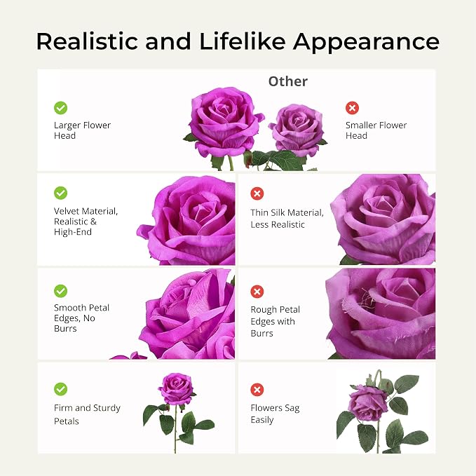 Auihiay 60PCS Artificial Roses, Magenta Roses, Velvet Silk Roses, Realistic Artificial Flowers for Valentine's Day Gift, Wedding Centerpieces & Romantic Home Floral Decor