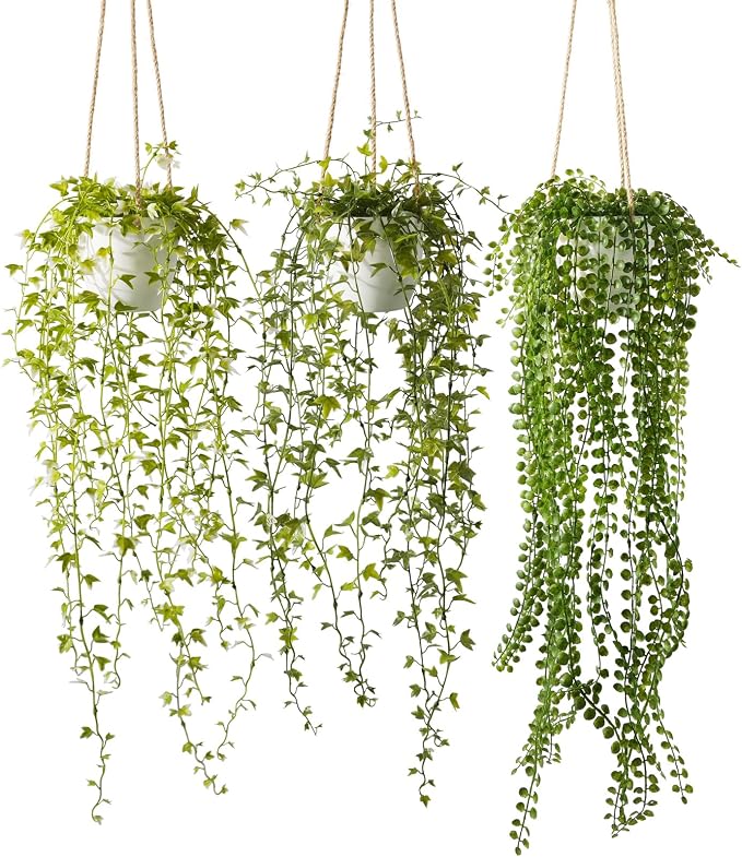 3 Packs 37" Fake Hanging Plants with White Pots for Wall Decor | Artificial Mandala Vine, Indoor/Outdoor Use, for Home Bathroom Bedroom Office Decor, Easy to Clean, Lifelike Appearance