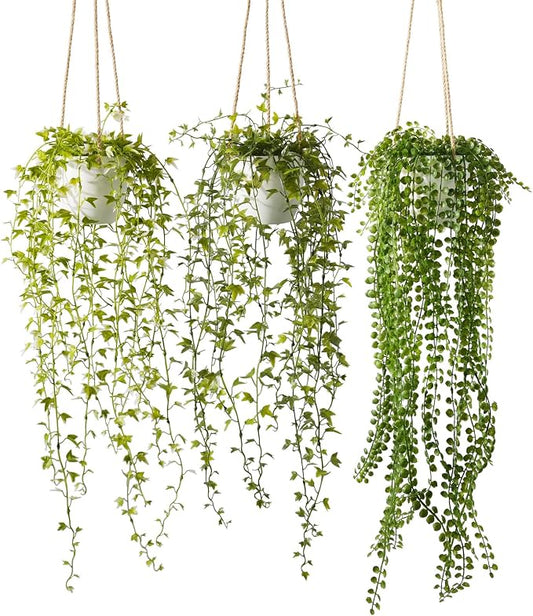 3 Packs 37" Fake Hanging Plants with White Pots for Wall Decor | Artificial Mandala Vine, Indoor/Outdoor Use, for Home Bathroom Bedroom Office Decor, Easy to Clean, Lifelike Appearance