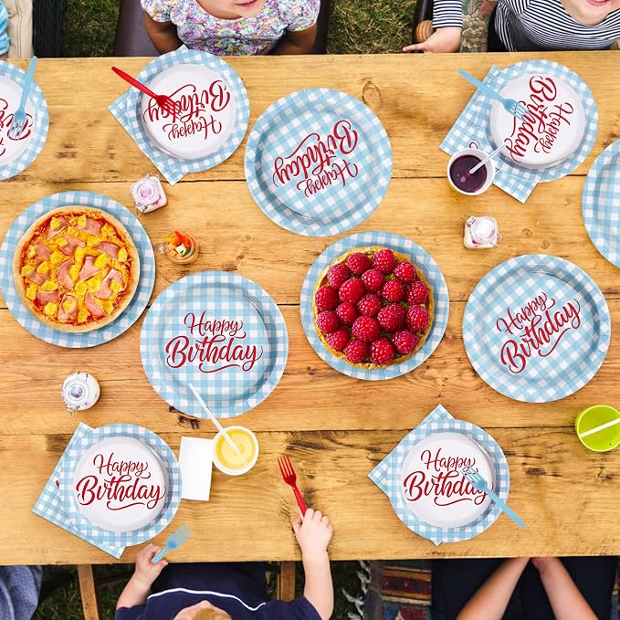 96Pcs Blue Gingham Birthday Party Supplies Blue and White Checkered Plates and Napkins Disposable Plaid Red Word Tableware Set for Kids Birthday Baby Shower Holiday Picnic Party Decorations Serves 24