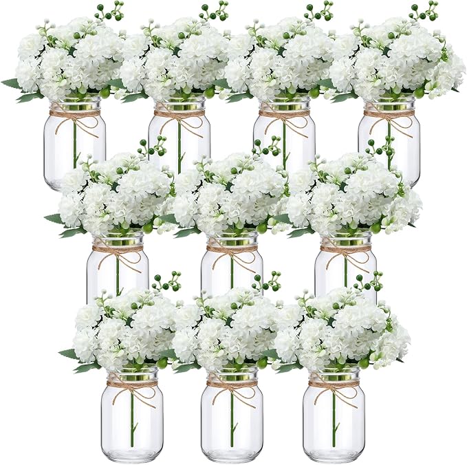 XunYee 10 Set Mason Jar Table Centerpiece with Flower Mason Jar Flower Centerpiece Vases Decor for Engagement Party Bridal Shower Wedding Reception Table Decor(White,Hydrangea)