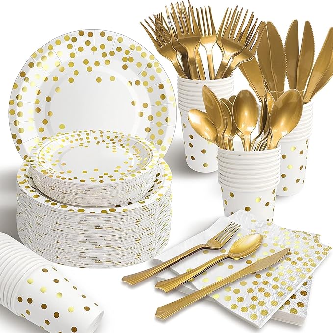 AIRE 175PCS White and Gold Party Supplies, Heavy Duty Disposable Dinnerware Set Serves 25, Paper Plates Plastic Forks Knives Spoons for Birthday,Graduation, Bridal Shower Decoration