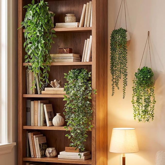 Daifunli 16 Pcs Artificial Hanging Plants Fake Hanging Ferns Plastic Fake Plants for Wall Room Garden Garland Indoor Outdoor Decor No Basket (Eucalyptus,Mandala,String of Pearls,Pea)