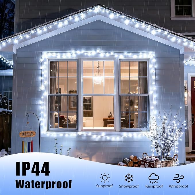 YEGUO Battery Operated String Lights, 2 Pack Each 33ft 100 LED Twinkle Fairy Lights Outdoor Waterproof, 8 Modes Clear Wire White Christmas Lights Indoor with Remote