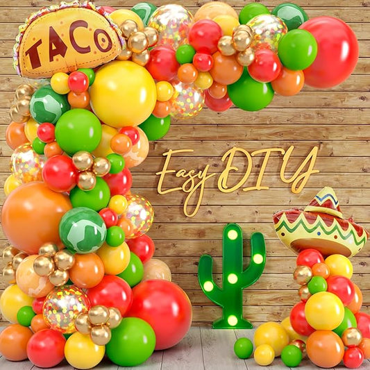 ALL-IN-1 Mexican Balloons Arch Kit & Garland with BONUS Taco Small and Large Red Yellow Orange Green Fiesta Balloons Mexican Party decorations & supplies for birthday, Cinco De Mayo