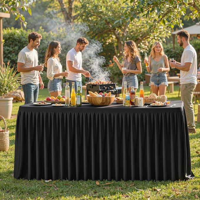 Black Polyester Table Cloths for Rectangle 6 Foot Tables, 6 Pack Wrinkle Free Tablecloths Stretchy Banquet Ruffle Fitted Table Cover Desk Skirt for Parties Wedding Birthday Baby Shower