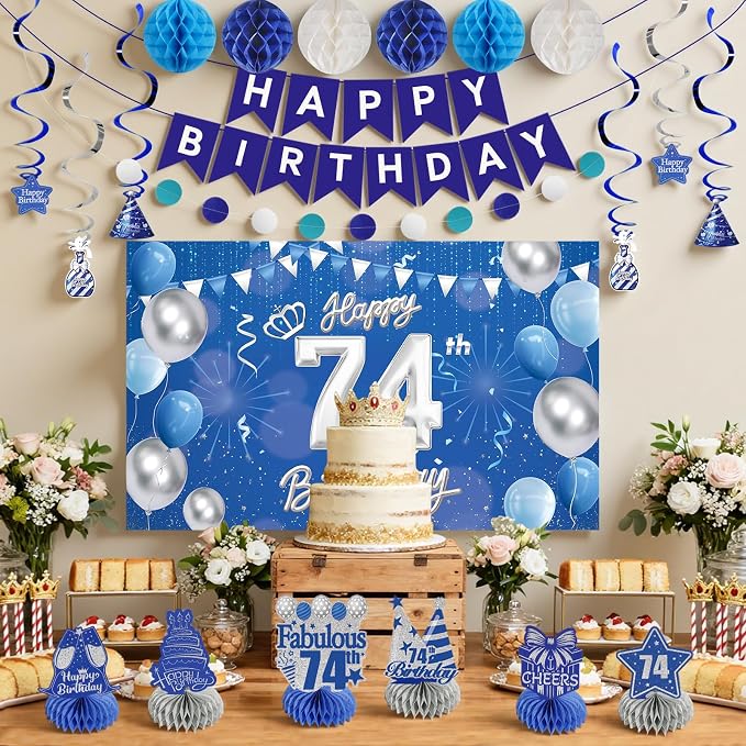 Happy Birthday Party Decoration Set: Including Birthday Banner Backdrop, Party Table Centerpieces and Hanging Swirl Party Streamers, Birthday Decor Suppliers for Men and Women (Blue, 74th Birthday)