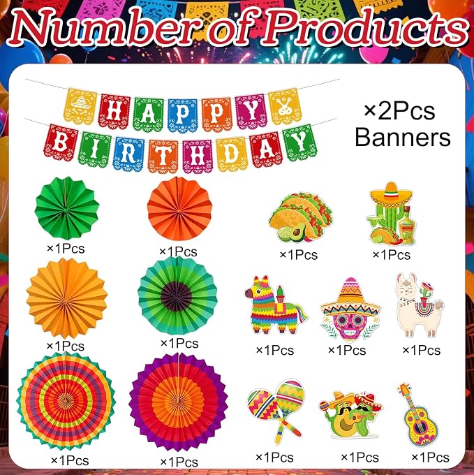 Rakuto Mexican Fiesta Party Decorations, 16PCS Mexican Happy Birthday Banners with Hanging Swirls Decorations, Taco Themed Paper Fans Bday Decor Supplies