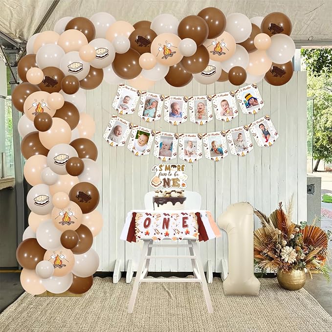 Sursurprise S’more 1st Birthday Decorations, It’s S’more Fun To Be One First Birthday Backdrop Cake Topper Photo Banner High Chair Banner Balloon Garland Arch Kit, Camping Camp Camper Party Supplies