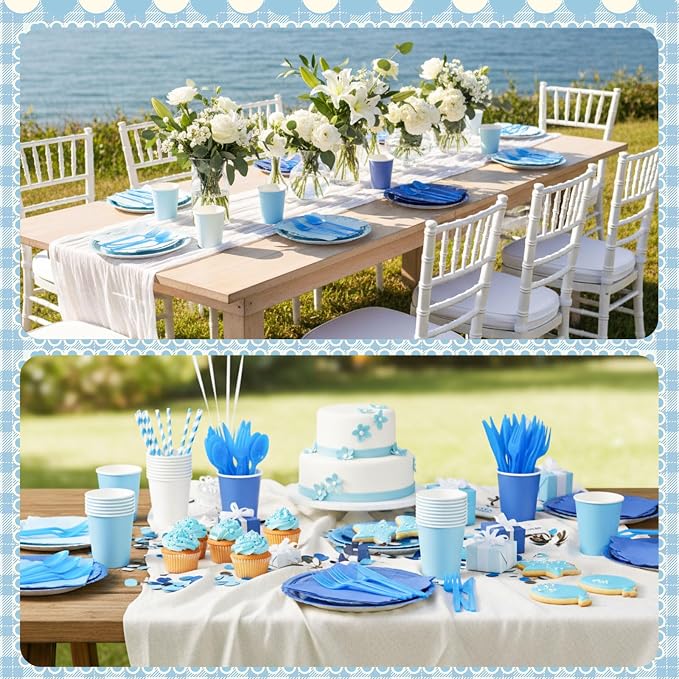 Zhehao 350 Pcs Blue Party Supplies Set Blue Disposable Tableware Kit with Plates, Cups, Napkins, Cutlery Ocean Sea for Shark Pool Baby Shower, Birthday, Wedding Events
