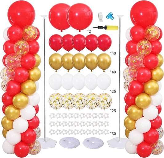 Red and Gold Balloon Column Stand Kit Set of 2 for Floor, Red Gold White Confetti Balloons Arch Kit Balloon Towers for Graduation Wedding Anniversary Birthday Party Valentine's Day Decorations