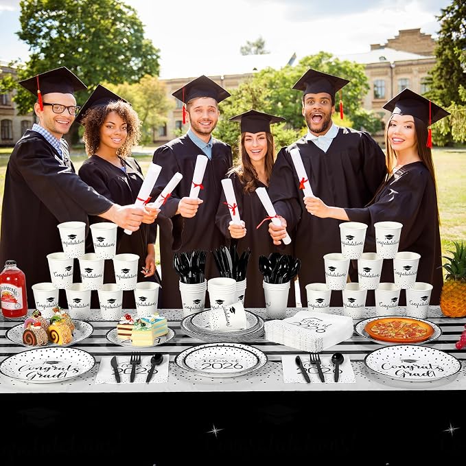 350pcs Class of 2026 Graduation Plates and Napkins Set, Disposable Paper Plate Set Polka Dots Napkins Cups Knife Fork Spoon for Graduation Party Decorations and Supplies,Serve 50 (White Black)