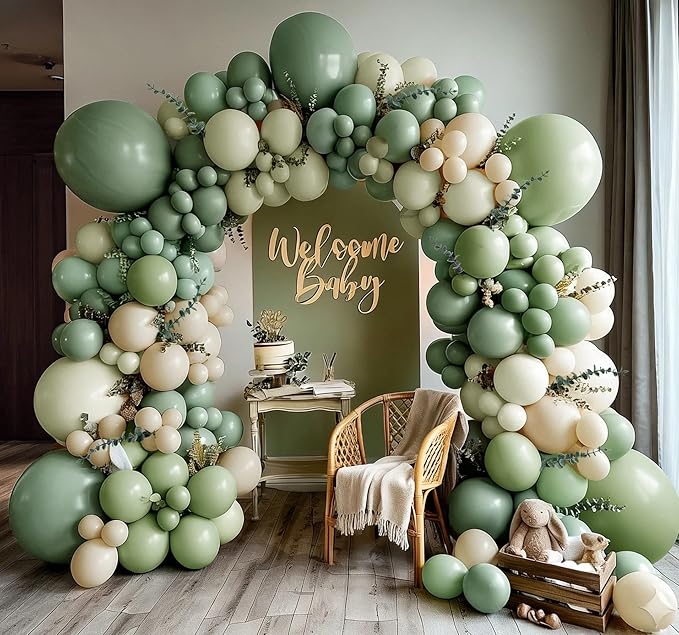 Dusty Green White Balloon Arch Double Stuffed Sage Light Green White Sand Beige Balloon Garland Eucalyptus Leaves for Baby Shower Neutral Birthday Woodland Bridal Wedding Gender Reveal Party Decor